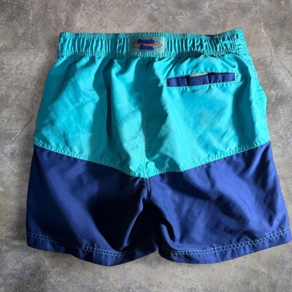 Vintage 80s Beach Bros Color Block Swim Trunks Teal Blue Surf Board Shorts